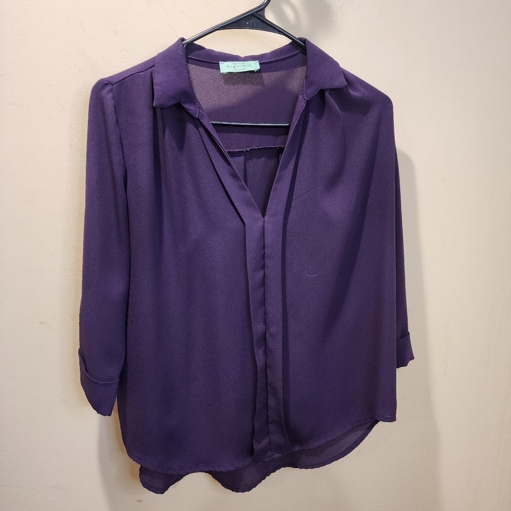 SUGARMINT Purple Sheer Women's 3/4  Sleeves Blouse Small